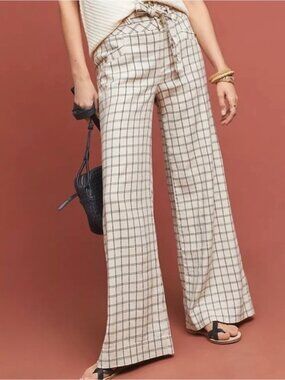 Anthropologie EUC Window Pane Checked Linen Blend Wide Leg Trouser No Belt 4
